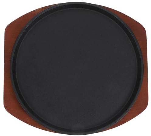 BIUDECO Padella per Bistecca in Ghisa Base in Legno, Piastra per Grigliare 25 CM, per Cucine a Induzione e Uso Domestico