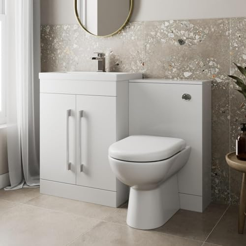 BAYSTONE® 1100mm Combination Vanity Unit Furniture Set, Wash Basin Bathroom Sink, BTW Toilet Pan & Soft Close Seat, Storage Cabinet, Reversible, White Gloss
