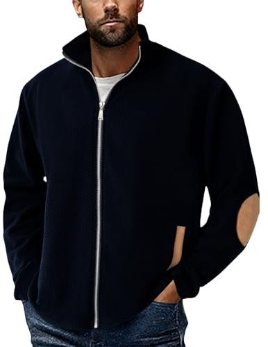 Stickad cardigan med hel dragkedja och strukturerad tröja jacka armbågslapp | Stickad cardigan med full dragkedja och snygga armbågslappar för smarta vardagliga utflykter som erbjuder tidlöst utseende