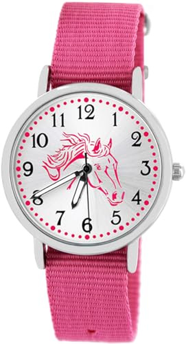 Pacific Time Kinderuhr Mädchen – Pferde Armbanduhr rosa Leutzeiger Nylonband 16mm 86528