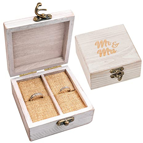 Strova Wooden Ring Box for Wedding Rings and Couple Jewelry - Engraved Mr. & Mrs. Lettering - Ring Bearer Box for Display or Personal Organizer - Brass Latch and Soft, Protective Ring Cushions