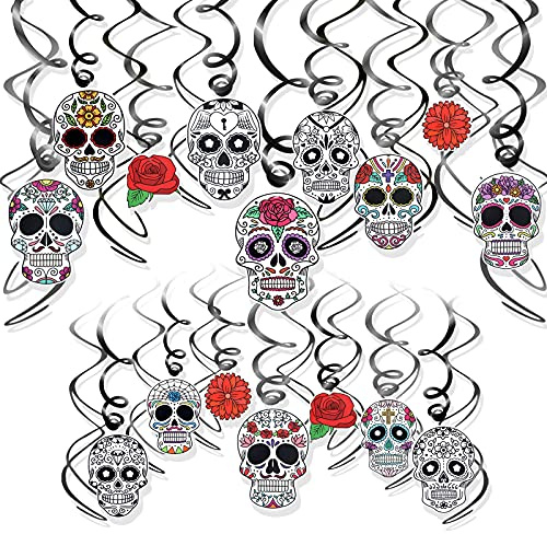 HOWAF Halloween Dekoration Tag der Toten Hängedeko wirbelt, 30 Stück Mexiko Totenkopf Deckenhänger Spiral Girlande für Dia de los Muertos deko, Halloween, mexikanische, Horror-Party, Mottopartys