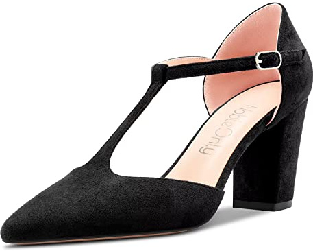 NobleOnly Women High Chunky Block Heel Close Pointed Toe Sandals Ankle Strap T-Strap Two-Piece Buckle Pumps Court Shoe Wedding Office Dress Shoes Black Suede 6 UK