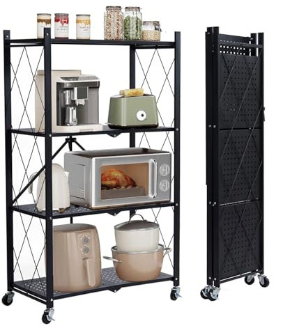 devesanter Klappbares Regal mit Rollen 4 Ebenen Große Kapazität Tragbar Küchenregal Keine Installation erforderlich Küchenorganisatoren und Aufbewahrung Geeignet （ Schwarz）