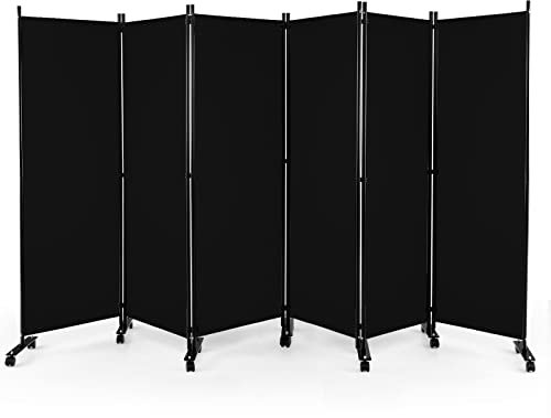 CASART Folding Room Dividers, 6 Panels Movable Protective Privacy Screens with Lockable Wheels, Steel Frame Portable Fabric Screen Room Partition for Home Office (Black)