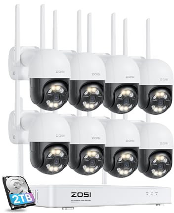 ZOSI C289 2.5K Kit Caméra Surveillance Extérieure sans Fil, NVR 8CH 5MP avec 2 to HDD, Caméra IP PT 355°/140°, Alarme Sonore et Lumineuse, Communication Audio Bidirectionnelle et Sirène Alarme