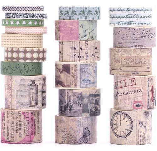 KAVI' S Retro Washi tejp, set, dekorativ, antik, bullerguld, maskeringstejp, färgglada för konst, gör-det-själv-hantverk, dagbok, planerare, scrapbook, förpackning (Charlie Chronicle)