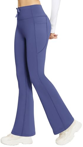 baleaf Termoyogabyxor, hög midja, utsvängda leggings, vinter, fleece, fodrade termobyxor, dragsko, termiska leggings, bootcut bell-bottom, varma joggingbyxor med fickor, Marinblå, S