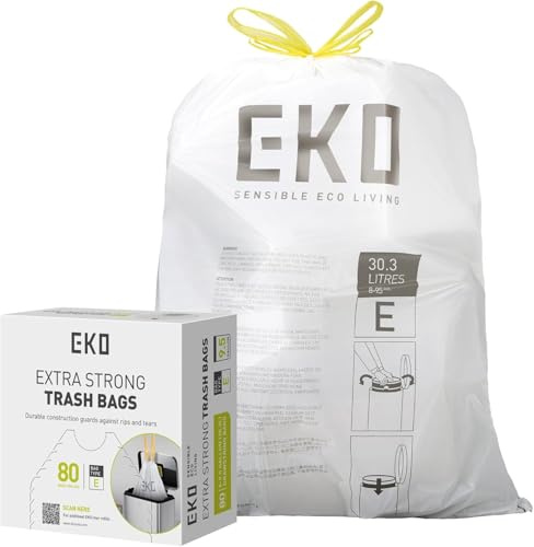 EKO - Sacchetti Pattumiera - Code E - 80 Pezzi - 25-35 Litri - Extra Resistenti Anti-Perdita con Laccetto - Bianchi - Ideali per Cucina e Pattumiera Alta