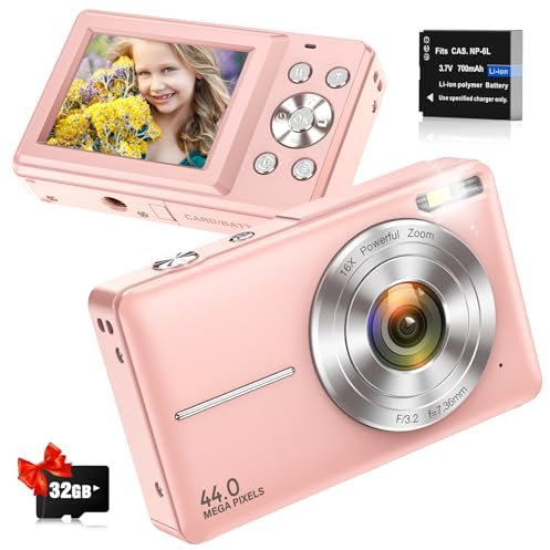 Digital Camera FHD 1080P 44MP Compact Digital Camera 2.4 Compact Camera with 16X Digital Zoom, 32GB Card,1 Battery for Beginner Teenagers Pink