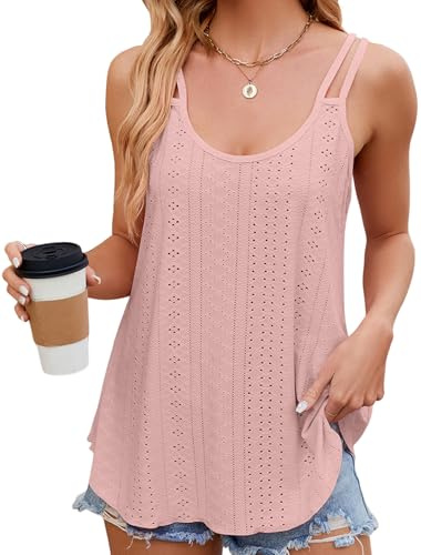 DéBardeur Femme Chic et Élégant Top Femme Oeillet Broderie Camisole Top sans Manches Col Rond Sangle Spaghetti Ete Hauts Tendance Chemises T-Shirt DéBardeur pour Femmes