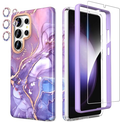 SHEDEER 4-in-1 Samsung Galaxy S25 Ultra Case with Screen Protector + Bumper & Camera Protector | Military-Grade Shockproof 360° Protection, Glossy Fade-Resistant Pattern Design Phone Cases (Purple)