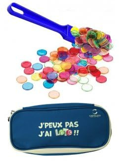 cavernedesjouets Kit Accessoires Loto Bingo 3 en 1 - Trousse + Baton ramasse jetons magnetique Bleu + 100 pions aimantes - Set Materiel Jeu + Carte
