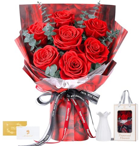 Bouquet de 7 Roses Éternelles à Partir de Vraies Roses–Fleur Éternelle avec Vase–Cadeau de Luxe pour Femme: Maman,Épouse,Petite amie–Cadeau pour Saint-Valentin, Anniversaire,Fête des Mères et Noël