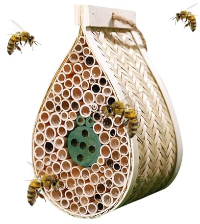 Mason Bee House, Pollinating Palace，Hanging Wooden bee House Habitat with Bamboo Tubes for The Garden and Yard Bee Hotel for Pollinators