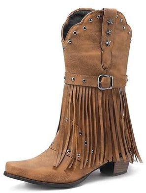 Haoeacr Cowboystiefel für Damen, Cowgirl mit Fransen, Stern, Nieten, spitzer Zehenbereich, klobiger Absatz, zum Überziehen, Westernstiefel, Braun, 41 EU