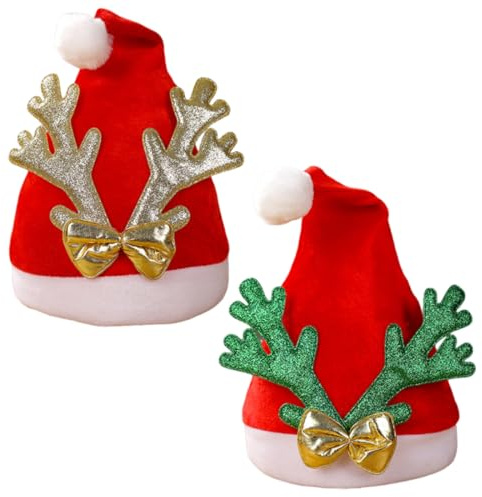 GNHG 2 Pièces Coupe-Vent Et Chaud Bonnet,De Pere Noel Confort Chapeaux,Unisexe,Convient pour les Fêtes de Noël, Avec Cornes de Cerf(Or+Vert)