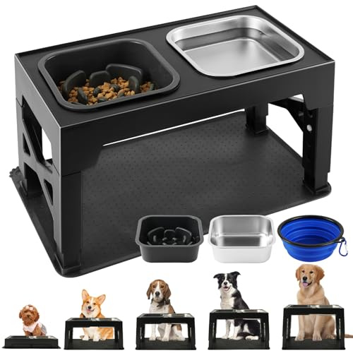 Comedero Perro Elevado y Ajustable - Acero Inoxidable 1400ml + Antiatragantamiento 1100ml + Viaje + Alfombrilla- Base Antideslizante para Perros Medianos/Grandes