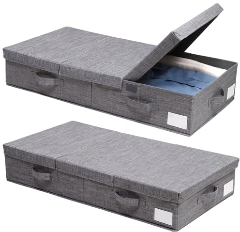 Dntorx 2 Pack 50L Under Bed Storage Box with Remove Lid, Foldable Storage Box with Sturdy Sidewalls/Bottom for Clothes, Blanket, Bedding, Toys, Shoes