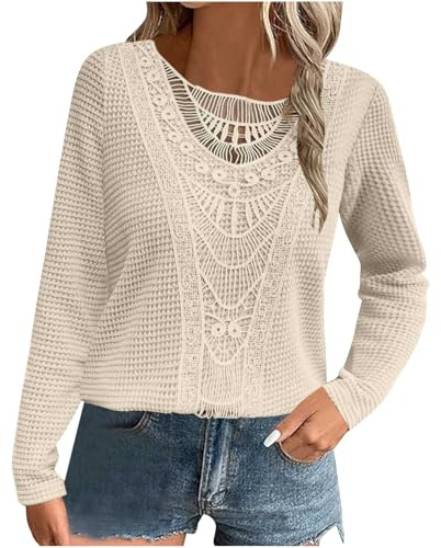 GMQWRK Maglione da donna UK elegante motivo traforato girocollo pullover top con bordo in pizzo moda casual camicie a maglia a maniche lunghe maglione lavorato a maglia per uscire camicetta maglieria