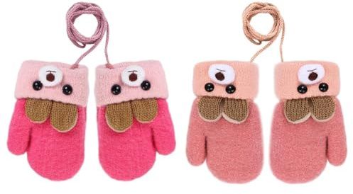 MLPKOI 2 Pares Guantes Térmicos para Bebés, Manoplas Bebe, Guantes de Punto de Invierno, Gguantes de Animales para Colgar en el Cuello, Cumpleaños y Navidad, Gguantes Niño (Peach y Rojo)