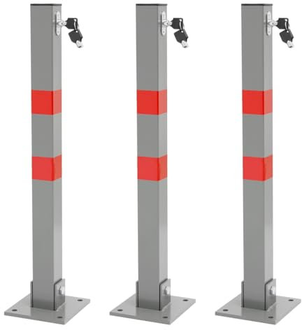 ECD Germany 3 x Poteau de Parking Carré Rabattable - Hauteur 70 cm - 3 Clés - en Acier - Barrière Borne de Stationnement Repliable - Matériel de Fixation Inclus - Bandes d'Avertissement Rouges
