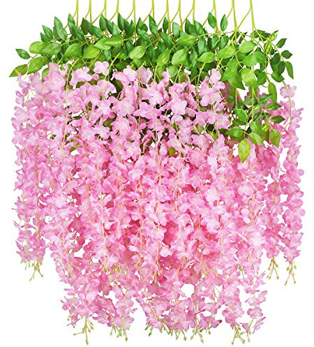 GPARK 12 Pieces/Each 45 inch / 3.7 ft Wisteria Artificial Flower Bushy Silk Vine Ratta Hanging Garland Hanging for Wedding Party Garden Outdoor Greenery Office Wall Decoration Pink