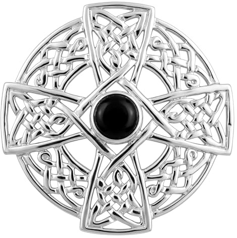 Alexander Castle 925 sterlingsilver keltiskt kors brosch för kvinnor – dambroschnål med svart kubisk zirkonia & smycken presentförpackning – 35 mm x 35 mm