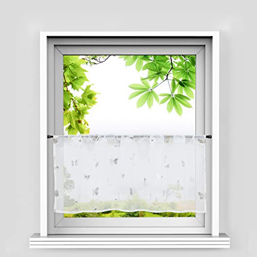 Heichkell Glänsande skivgardin silver voile moderna kortbutiker med dragsko små fönster gardin kök fjäril dekoration vit H x B 60 x 140 cm