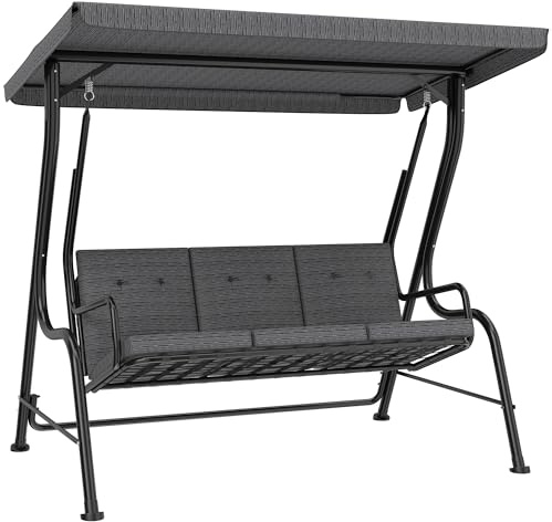 Outsunny Dondolo da Giardino per 3 Persone con Tettuccio Regolabile e Cuscini Imbottiti, 200x120x170cm, Nero