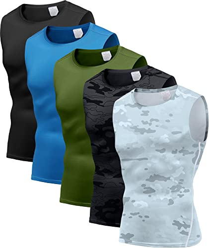 Holure Lot de 5 débardeurs de compression pour homme - T-shirt athlétique - Pour fitness, bodybuilding, Lot de 5 : noir/camouflage noir/blanc camouflage/bleu/vert, Taille M