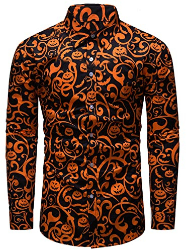 fohemr Mens Halloween Shirts Ugly Pumpkin Print Long Sleeve Button Down Casual Jack-O-Lantern Costume Dress Shirt Theme Party Black XX-Large