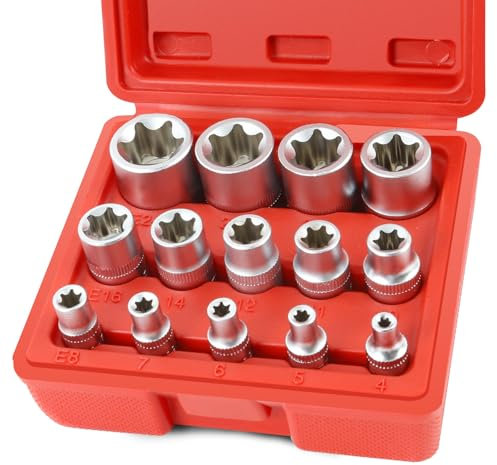 FIFIBANG Lot de 14 clés à douille E-Torx à étoiles, jeu de douilles profilées E4 - E24, de douilles en étoile E-TORX femelle avec étui 1/2, 1/4, 3/8(rouge)