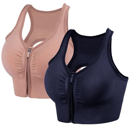 2 Pièces Brassière Sport Femme Zippée Devant, Soutien Gorge de Sport Femme sans Armature sans Couture Push Up Sport Bra avec Coussinets Amovibles (Marine Rose, XL)