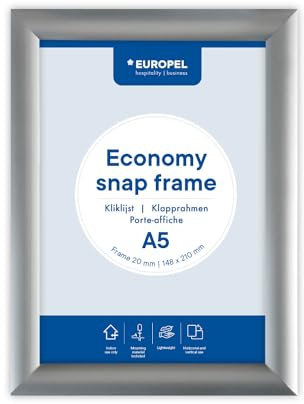 Europel Economy Klapprahmen, A5, Farbe Silber, eloxiertes Aluminium und Antireflexfolie, Profil 25 x 11 mm, für Posterformat 14,8 x 21 cm, Werbung, Ankündigungen, Hotel, Restaurant