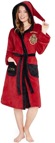 Harry Potter Womens Fleece Dressing Gown with Hood Pockets Tie Waist, Cosy Robe - Gifts for Her (Red/Black, XL)