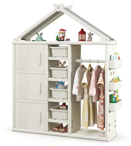COSTWAY Kids Storage Closet, Children Wardrobe with Clothes Rail, Toy Bins, Shelves, Side Baskets, Open Dress Up Armoire Organizer for Boys Girls (White)