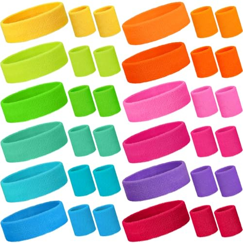 Bememo 36 Pcs Neon Sweatbands Set for Kids Adult 12 Headbands 24 Wristbands Bulk Sports Sweat Bands Athletic for Basketball Tennis Running Gym Student Gifts Glow Party(Multicolor,Small)