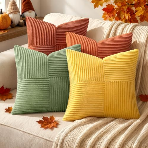 MIULEE Set of 4 cord cushion covers, 45x45 cm, patchwork, soft decorative cushions, modern invisible zip, decorative cushions for sofa, living room, bedroom, Orange-green series | Dekorativ mjuk soffkudde modern dekorativ kudde vardagsrum sovrum