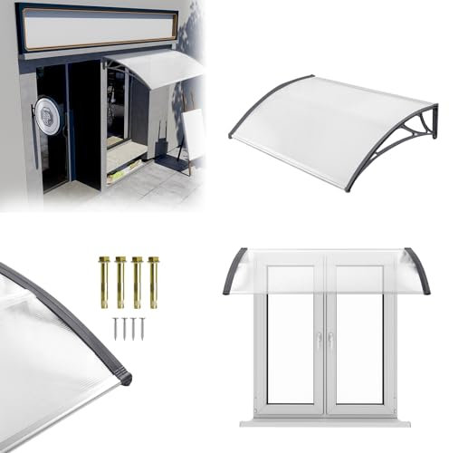 LARS360 Vordach für Haustür, Überdachung 150x100cm, Pultbogenvordach aus Polycarbonat und Aluminium, Transparentes Sonnenschutz und Regenschutz, Grau