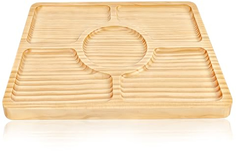 Divided Wood Serving Tray, Rectangular Tray Chip and Dip Platter, Serving Tray with 5 Sections for Appetizers & Snacks, Veggie Platter, Food Trays for Party 12'' x 8.7'' x 0.6''
