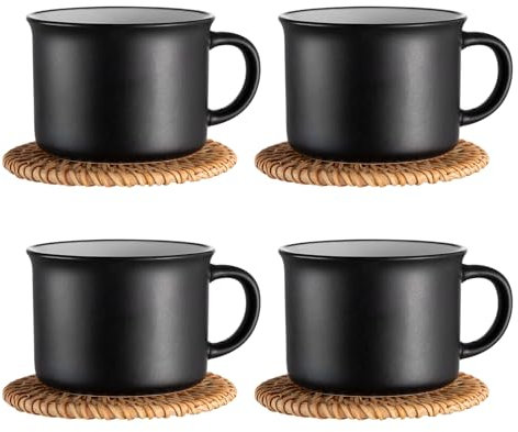 Set di 4 tazze da cappuccino da caffè in gres porcellanato, 180 ml, 8 pezzi, tazze con piattino, set di tazze da caffè vintage nero
