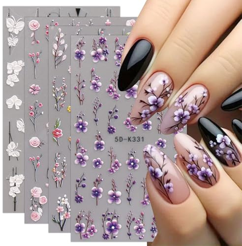 JMEOWIO 3D Embossed Flower Nail Art Stickers Decals Self-Adhesive 5D Butterfly Spring Summer Floral Nail Supplies Nail Art Design Decoration Accessories 4 Sheets