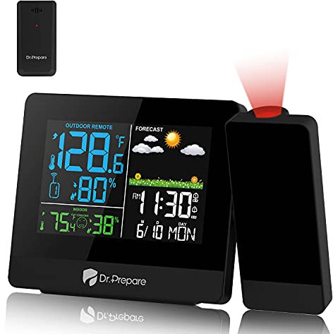 DR.PREPARE Projection Alarm Clock, Weather Station Bedsides on Ceiling with Temperature Humidity Display, Projector Clocks with Outdoor Wireless Sensor, Weather Forecast
