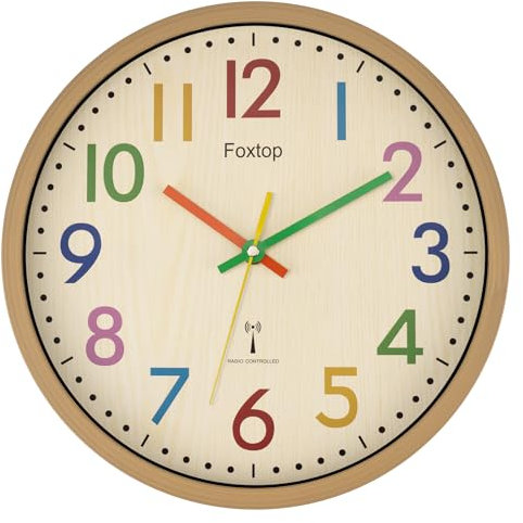Foxtop Orologio da parete per bambini, silenzioso, silenzioso, per bambini, colorato, per ragazzi, ragazze, camera da letto, cucina, soggiorno, scuola, 30 cm