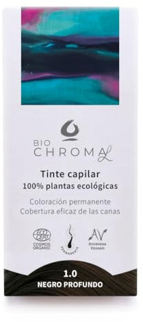 Tinte Vegetal Ecológico | Coloración Permanente para el pelo | 1.0 - Negro Profundo | Sin Amoníaco, sólo plantas naturales. Tintes Chroma