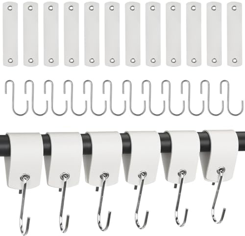 GGXZHT Kleiderhaken Garderoben，S Haken mit Lederschlaufe 12 Stück，13.*3cm Haken zum EinhängenMetall,für GarderobeKüche kleiderstange Badezimmer Camping..(weiß)