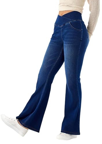 Générique Jean Femme Taille Elastique Jeggings Taille Haute Bootcut avec Poches Flared Slim Pantalon De Yoga Denim Leggings Évasé Jambe Large Stretch