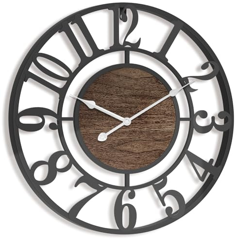 Pytha Sight Orologio Da Parete Grande Moderno 50cm,Orologio Da Parete Nero Vintage Industriale In Metallo Slenzioso Con Numeri Arabi Con Quadrante Elegante In Noce Per Soggiorno,Ufficio,Cucina,Camino