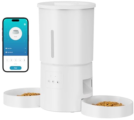 Distributore Automatico Cibo Gatti 2 Ciotole: 5L Distributore Automatico Cibo Cane con Timer WiFi 2.4G per Crocchette - Design Doppia Ciotola per Famiglie con Più Gatti & Cani - Bianco